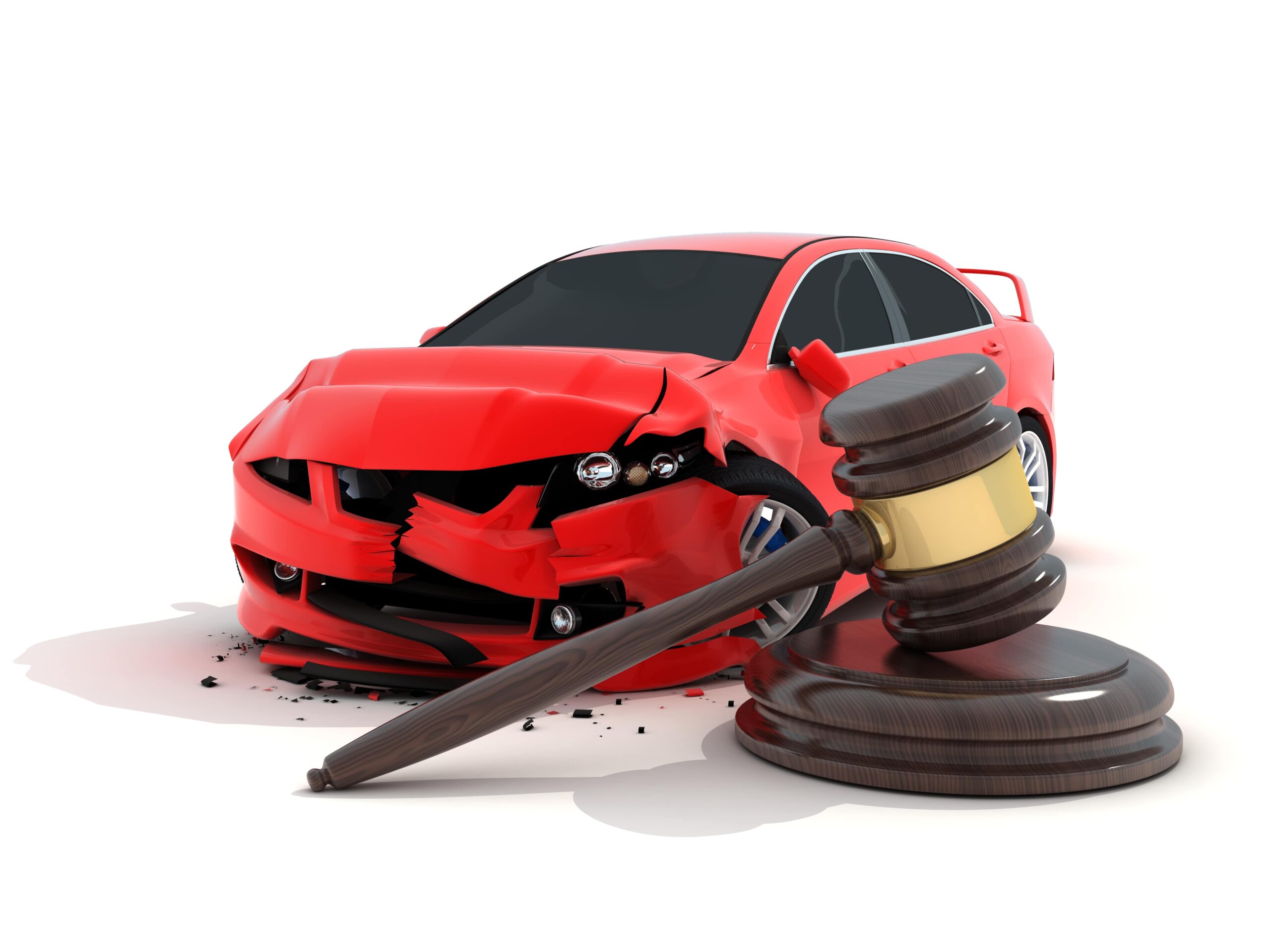 Broken red car next to judge's gavel